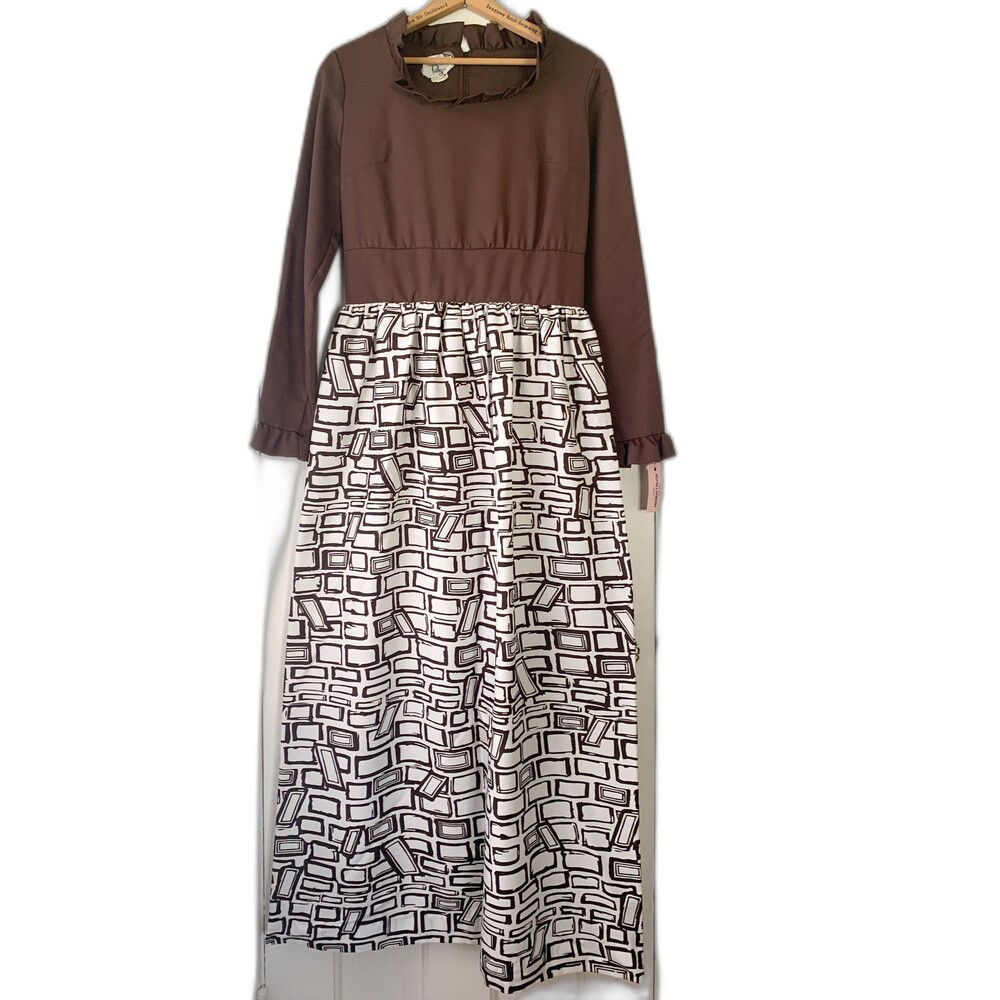 VTG 70s mod print maxi dress ruffled collar cuffs Fashioned by Patty Size S/M